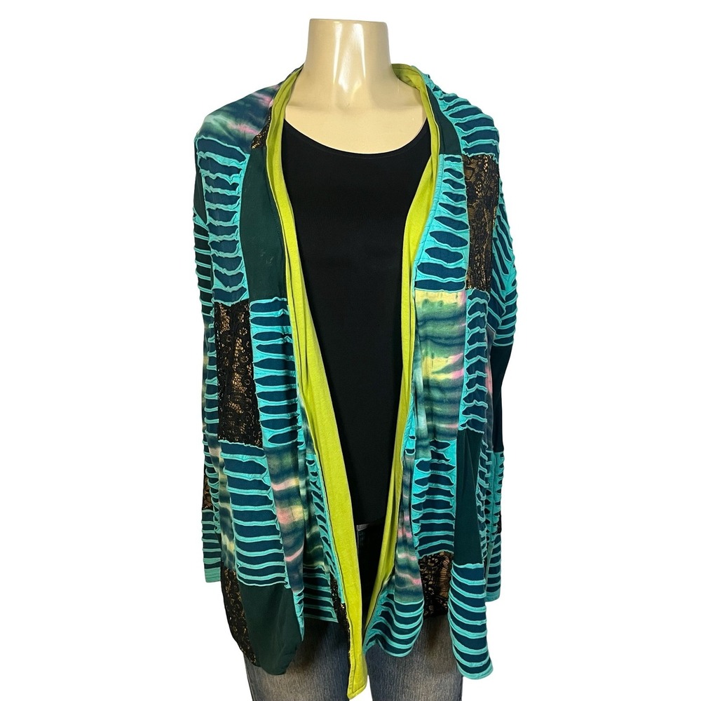 Rising International Womens M Boho Patchwork Razor Cut Lace Cardigan Multi-Color